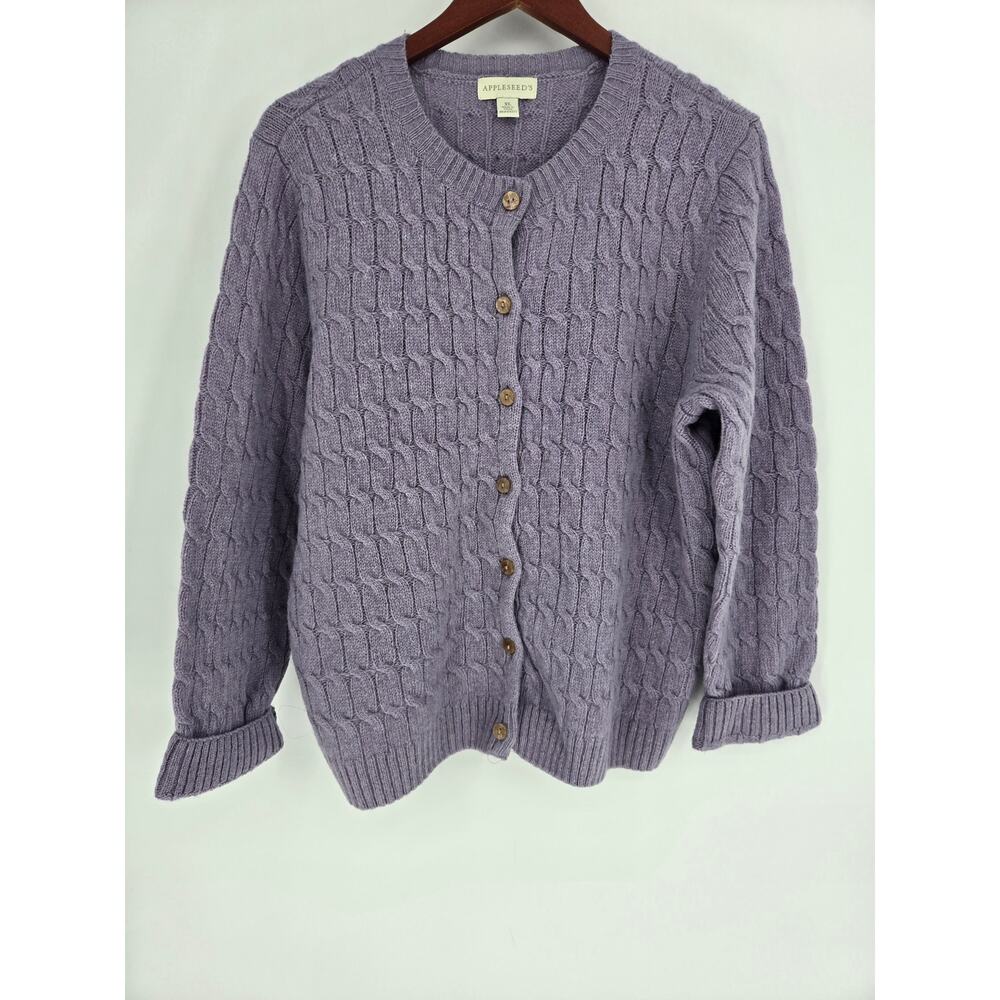 Appleseed's Purple Cable Knit Button Front Sweater Women's XL 100% Wool